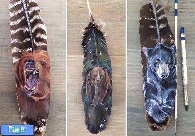 نقاشی از حیوانات بر روی پر ها  